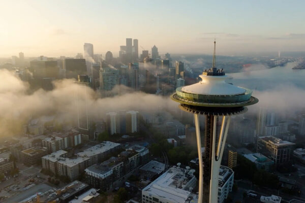 Aerial photo of the Space Needle looking south